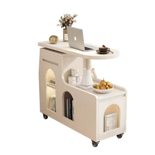 【E-home家居】可移動茶几 茶几 旋轉邊几(90*40*75公分 多層收納 可旋轉桌面 萬向輪設計 預購15天)