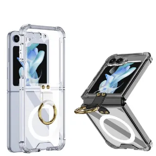 【ACE_CASE】Samsung Galaxy Z Flip6 磁吸充電四角氣囊指環透明PC硬背蓋+軟框手機殼保護殼保護套(防摔)