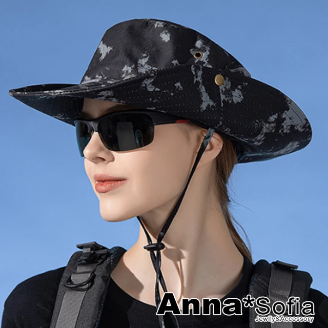 AnnaSofia 防曬遮陽防水釣魚帽登山帽牛仔漁夫帽-雲霧暈染 現貨(黑系)