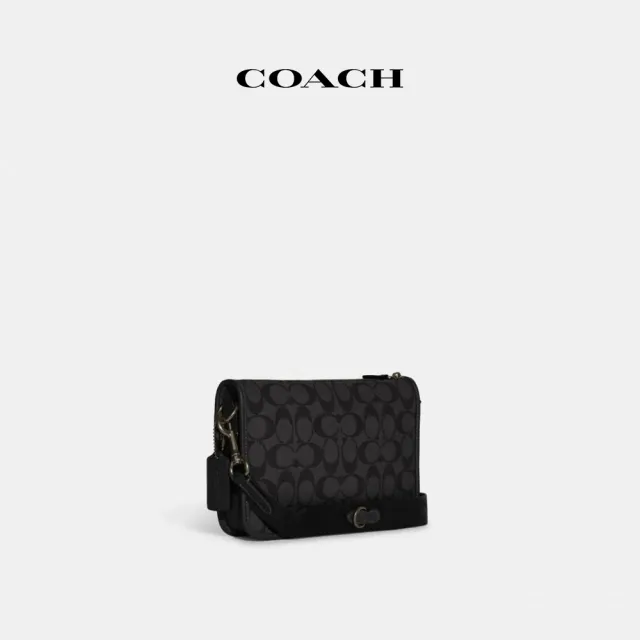 【COACH蔻馳官方直營】HERITAGE撞色經典Logo多功能斜背包-炭黑色/黑色(C8141)