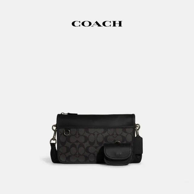 【COACH蔻馳官方直營】HERITAGE撞色經典Logo多功能斜背包-炭黑色/黑色(C8141)