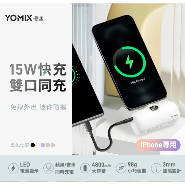 【YOMIX 優迷】4800mAh 15W Lightning快充直插口袋行動電源(iPhone適用/電量顯示)