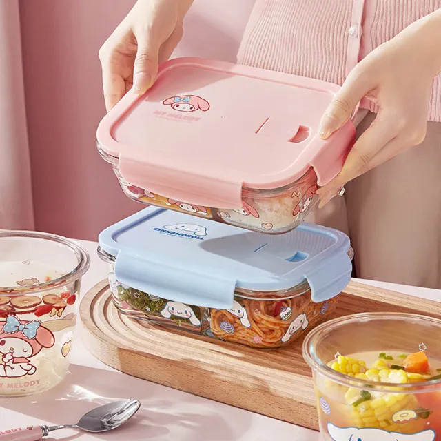 【SANRIO 三麗鷗】大耳狗凱蒂貓美樂蒂2格玻璃保鮮盒便當盒(可微波)