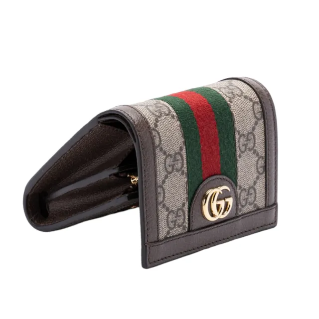 【GUCCI 古馳】Ophidia GG 帆布 牛皮飾邊 暗釦 皮夾 零錢包 卡夾 短夾 米色 烏木色 598662