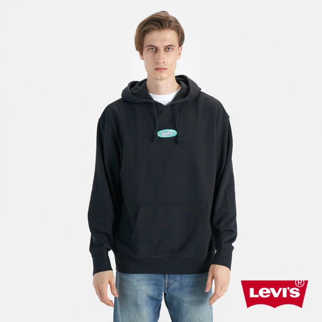 LEVIS 官方旗艦 男款 寬鬆版連帽大學T / 經典黑 / 藍色橢圓美式LOGO 熱賣單品 38479-0224