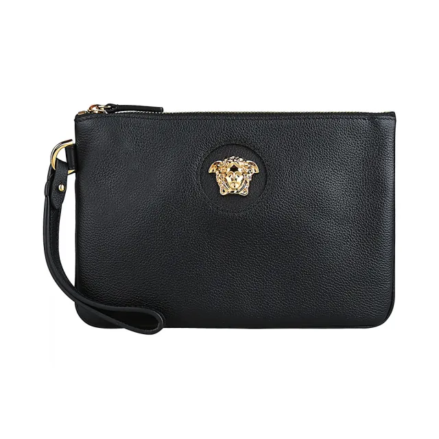 【VERSACE 凡賽斯】VERSACE金屬美杜莎LOGO荔枝牛皮拉鍊手拿包(黑)