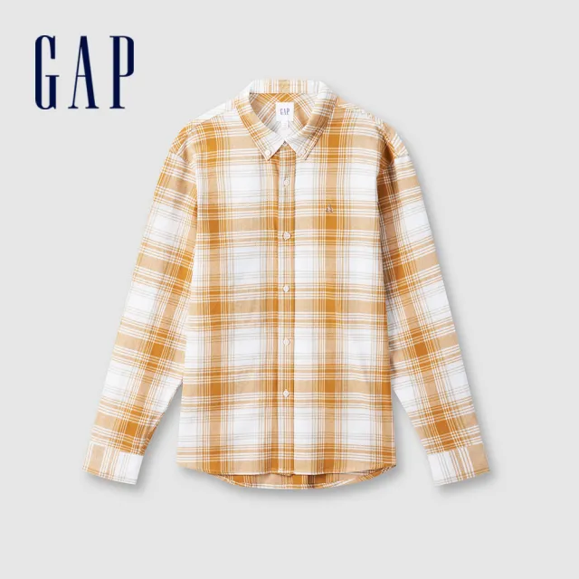 【GAP】男裝 純棉小熊刺繡翻領長袖襯衫-黃白拼接(635954)