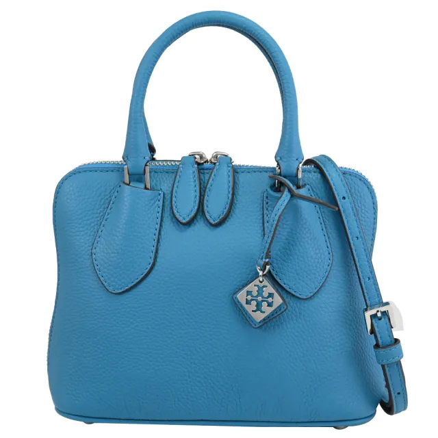 【TORY BURCH】簡約經典雙T LOGO吊飾荔枝皮革雙拉鍊手提包兩用包(天藍)