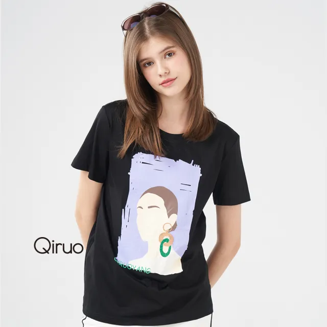 【Qiruo 奇若名品】棉質圓領 胸前女印花圖案黑色短袖上衣1237A