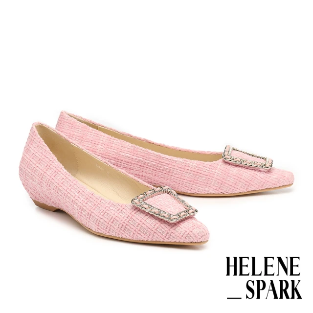 【HELENE_SPARK】高雅穿鍊方釦毛呢布建築坡尖頭低跟鞋(粉)