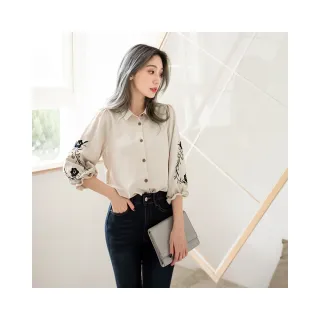 【OB 嚴選】花朵刺繡七分泡袖雪紡襯衫 《AB9179》