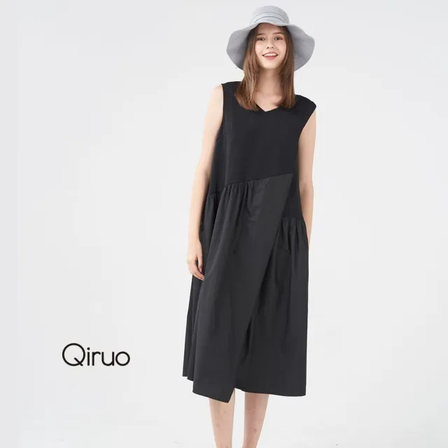 【Qiruo 奇若名品】背心式V領 棉質紗質雙材質拼接  設計 黑長洋裝3021F