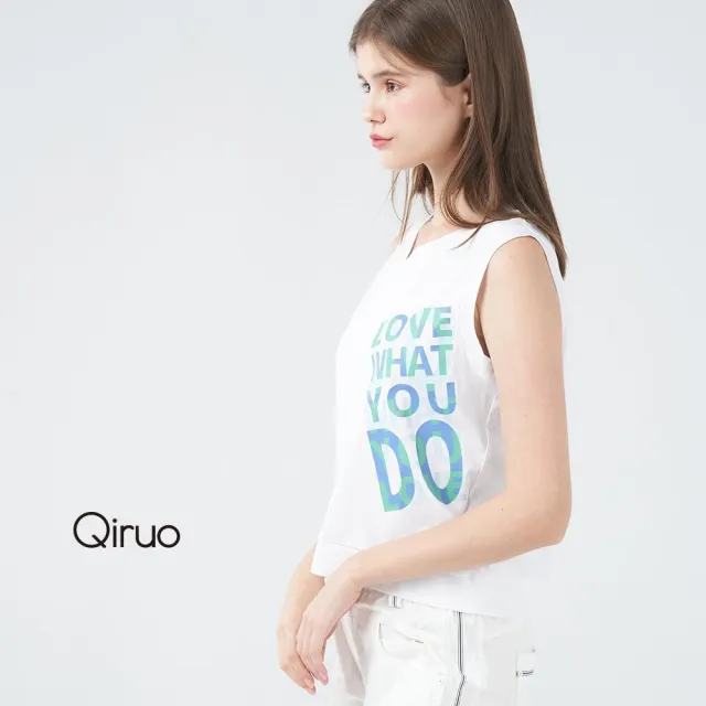 【Qiruo 奇若名品】亮藍炫色英文字 V領白色短版背心上衣3013D