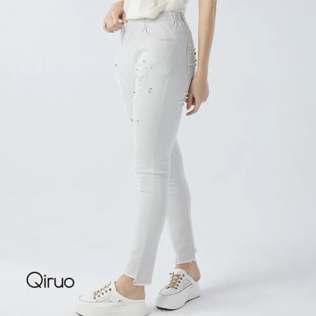 【Qiruo 奇若名品】珍珠點綴抓破鬚口淺灰白彈性緊身款 專櫃牛仔褲 9123C-20