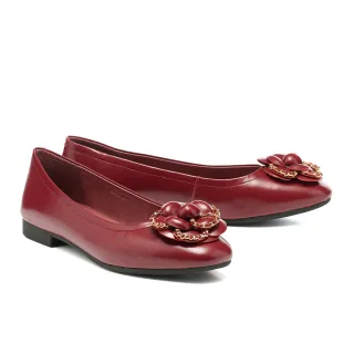 【AS 集團】復古典雅鍊條山茶花全真皮方頭低跟鞋(酒紅)