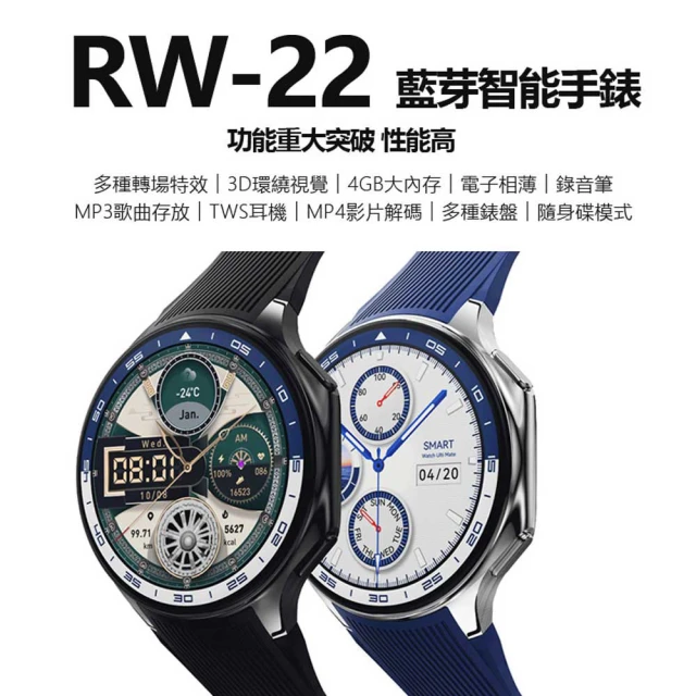 RW-22 藍芽智能手錶 多種轉場特效 3D環繞視覺 4GB大內存 贈皮革錶帶(電子相薄/錄音筆/MP3歌曲存放/TWS耳機)