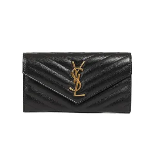 【YSL】MONOGRAM 魚子醬皮革信封釦式長夾(金字-黑色)