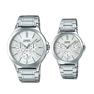 【CASIO 卡西歐】CASIO 羅馬三眼 指針對錶 不鏽鋼錶帶 生活防水 日期顯示(MTP-V300D-7A+LTP-V300D-7A)