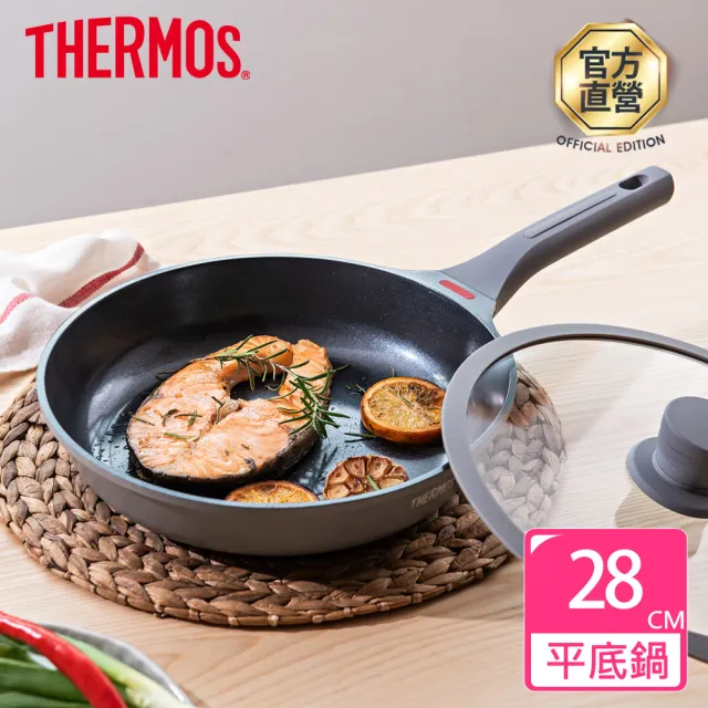 【THERMOS膳魔師】momo獨家專售星曜陶瓷不沾鍋單柄附蓋壓鑄平底鍋28cm(TFC-F28-MTGY)