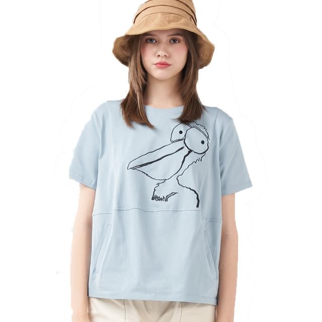 【Qiruo 奇若名品】圓領 棉質雙口袋粉藍大嘴鳥可愛插圖上衣2010A