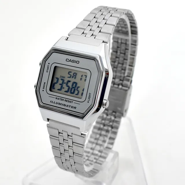 【CASIO 卡西歐】CASIO手錶 復古方框銀色電子錶(電子錶)