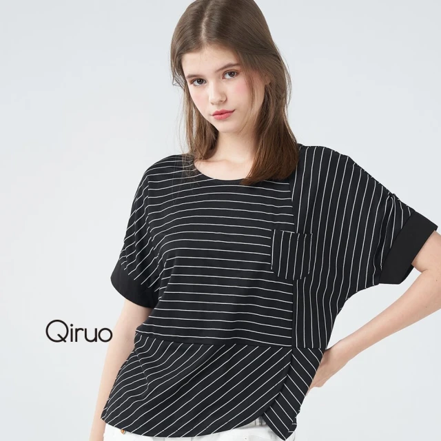 Qiruo 奇若名品 春夏專櫃黑白條紋上衣8228A 下擺圓弧設計(M-2XL)