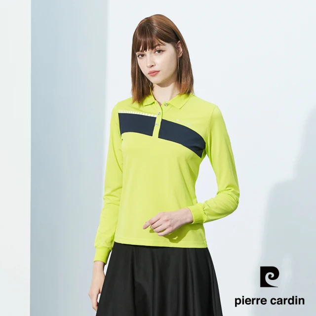 pierre cardin 皮爾卡登 網路獨家 女款 吸濕排汗胸前印花長袖POLO衫-綠色(4215201-45)