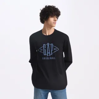 【GAP】男裝 Logo純棉印花圓領長袖上衣 水洗棉系列-黑色(636239)