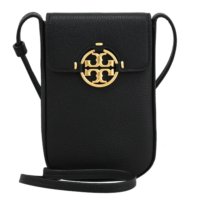 TORY BURCH 簡約金屬雙T LOGO荔枝皮革翻蓋手機包斜背包(黑)