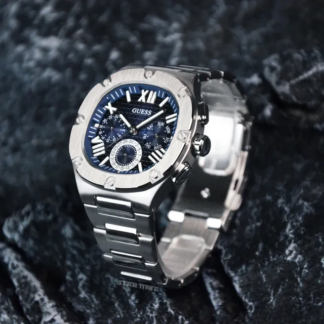 【GUESS】銀框 藍面 三眼日期顯示 圓角方型 不鏽鋼錶帶 男錶 手錶 聖誕禮(GW0572G1)