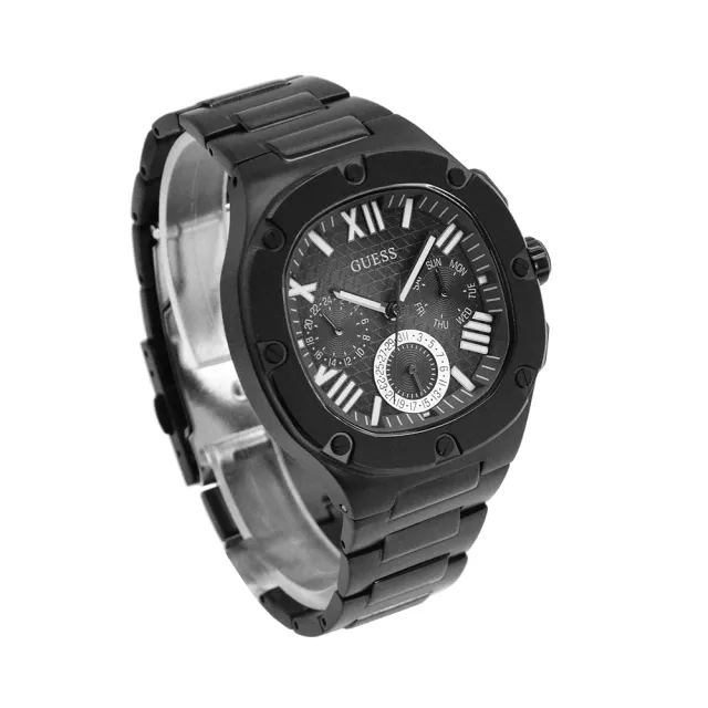 【GUESS】黑色系 三眼日期顯示 圓角方型 不鏽鋼錶帶 男錶 手錶 情人節(GW0572G3)