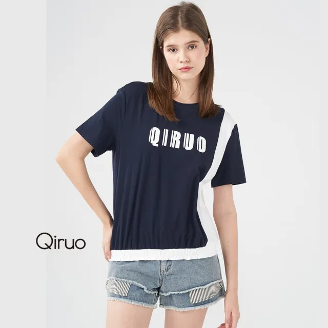 【Qiruo 奇若名品】雙布料棉T 下擺彈性縮口 藍白相間英文字母上衣 8227A