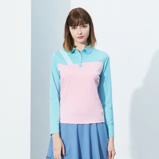 【pierre cardin 皮爾卡登】網路獨家 女款 吸濕排汗胸前印花長袖POLO衫-粉藍色(4215202-35)