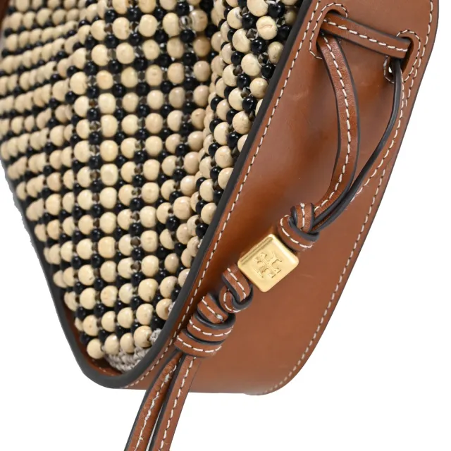 【TORY BURCH】金屬LOGO編織珠飾手提包束袋包兩用包(咖邊)