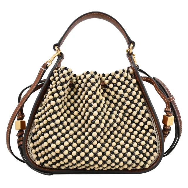 【TORY BURCH】金屬LOGO編織珠飾手提包束袋包兩用包(咖邊)