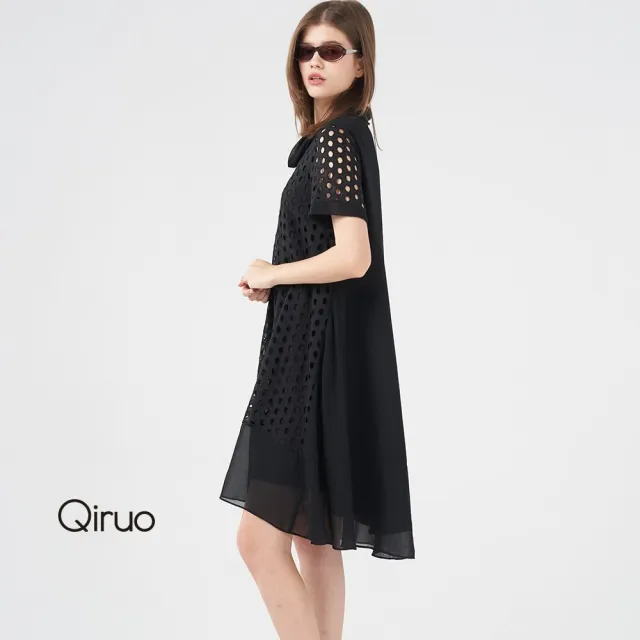 【Qiruo 奇若名品】洞洞布料加雪紡拼接 寬鬆小A款式洋裝8225F