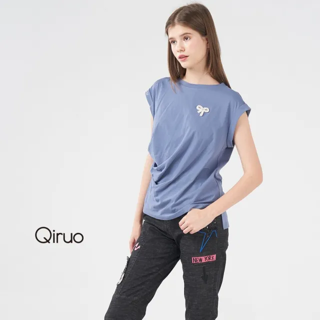 【Qiruo 奇若名品】輕度棉質 抓皺修飾身形粉藍上衣8008A