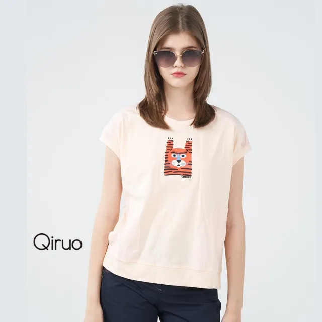 【Qiruo 奇若名品】棉質小包袖縮下擺 可愛老虎圖案粉橘上衣 8232A