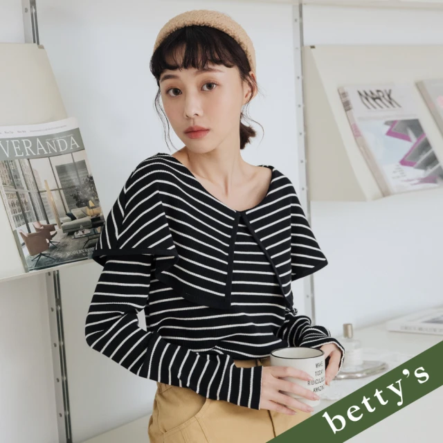 betty’s 貝蒂思 大翻領橫條紋長袖T-shirt(黑色)