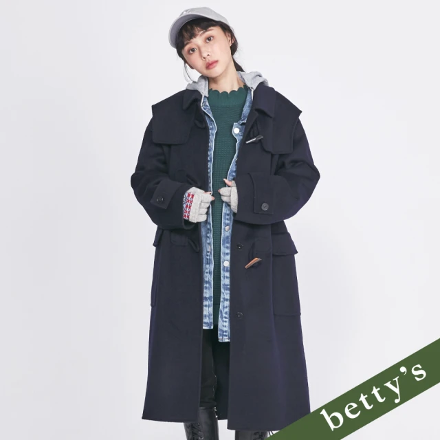 betty’s 貝蒂思 毛呢牛角釦長版大衣(深藍)