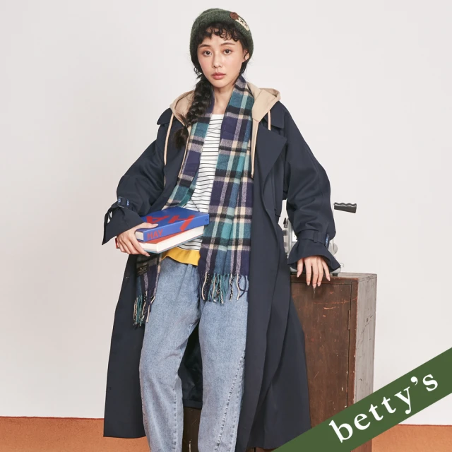 betty’s 貝蒂思 跳色雙排釦落肩長版連帽風衣(深藍)