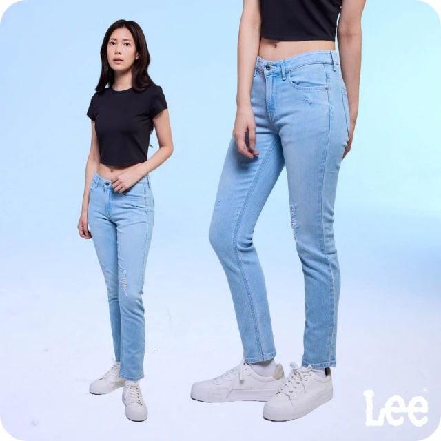 Lee 女裝 牛仔褲 / 401 刷破 中腰合身小直筒 淺藍洗水(LB417033835)