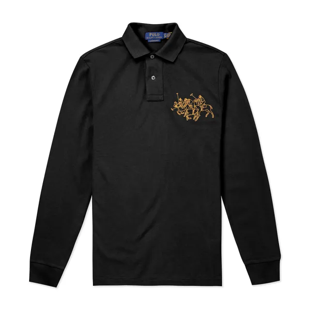 【RALPH LAUREN】RL POLO 經典立領刺繡大馬長袖Polo衫-黑色 上衣(CUSTOM SLIM FIT/平輸品)