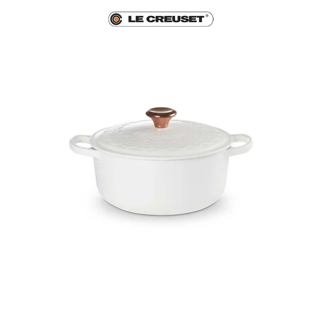 【Le Creuset】蕾絲花恬典藏琺瑯鑄鐵鍋圓鍋20cm(棉花白-銅頭-內鍋黑)