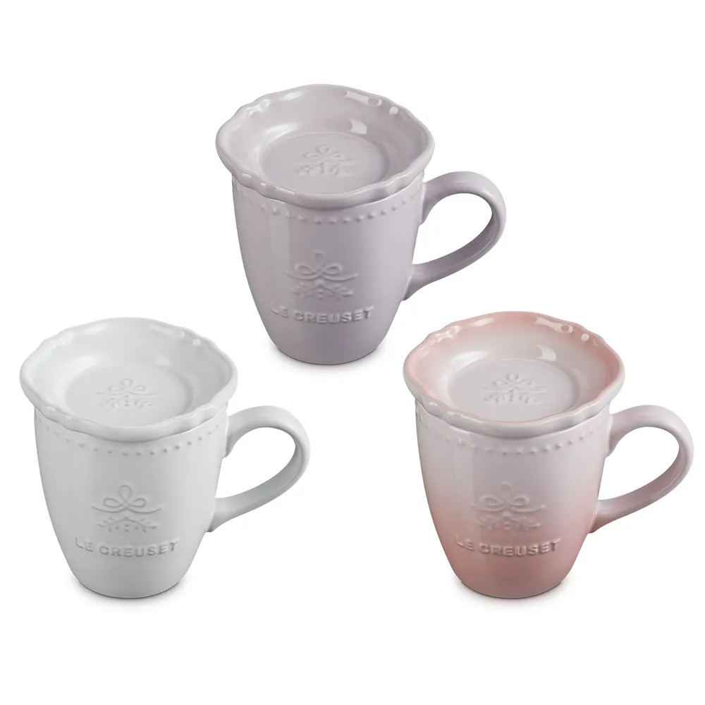 【Le Creuset】永恆花蕾系列瓷器馬克杯 330ml 附蓋(棉花白/柔粉紫/貝殼粉)