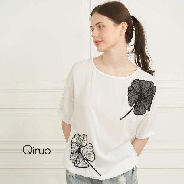 Qiruo 奇若名品 春夏白色涼感上衣1387A 花朵設計專櫃款(M-2XL)