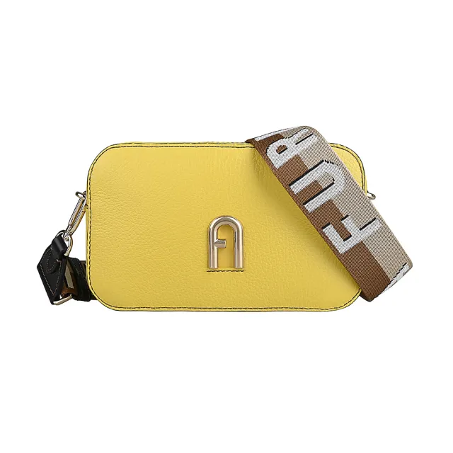 【FURLA 芙拉】FURLA PRIMULA復古金屬拱門LOGO荔枝紋設計牛皮拉鍊斜背相機包(亮麗黃)