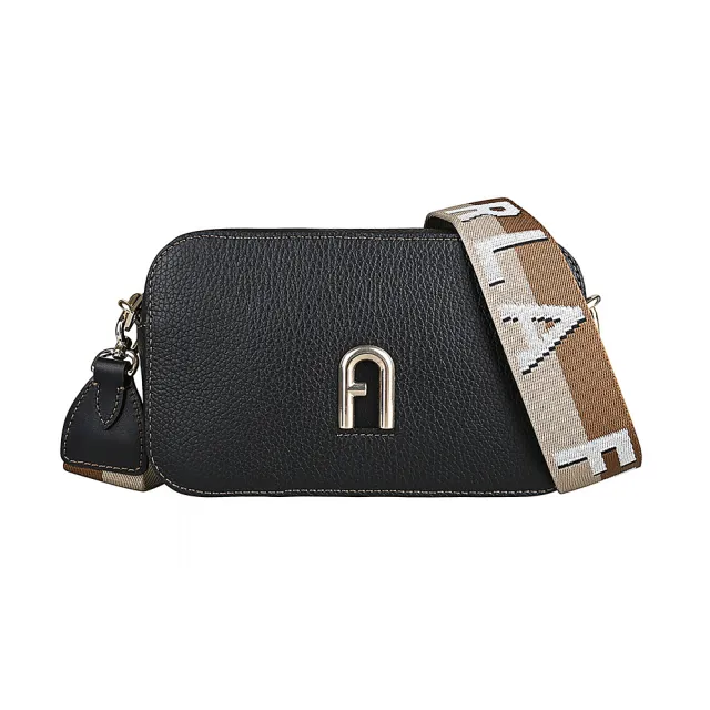 【FURLA 芙拉】FURLA PRIMULA復古金屬拱門LOGO荔枝紋設計牛皮拉鍊斜背相機包(黑)