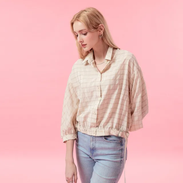 【ICHE 衣哲】Cop.Copine 法式格紋嫘縈長袖開襟襯衫上衣-奶駝色