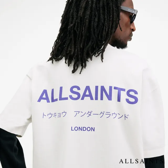 【ALLSAINTS】UNDERGROUND 純棉寬鬆LOGO東京地下搖滾短袖T恤-白紫  M044PB(寬鬆版型)